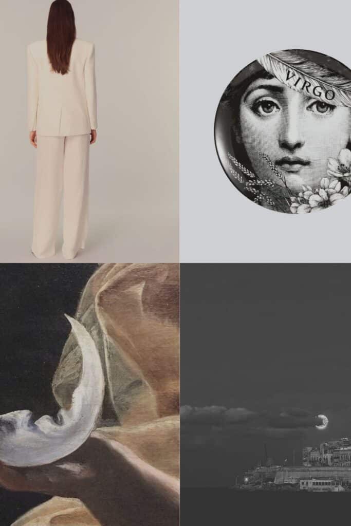 Lunar eclipse in Pisces 2026 mood board with a white suit, Virgo plate, crescent moon artwork, and a dark cityscape under the Moon.