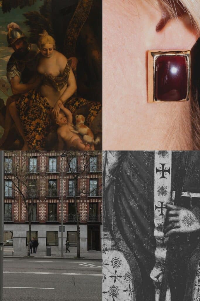 Mars enters Cancer mood board with classical art, a burgundy statement earring, an urban building façade, and a black-and-white sword detail.