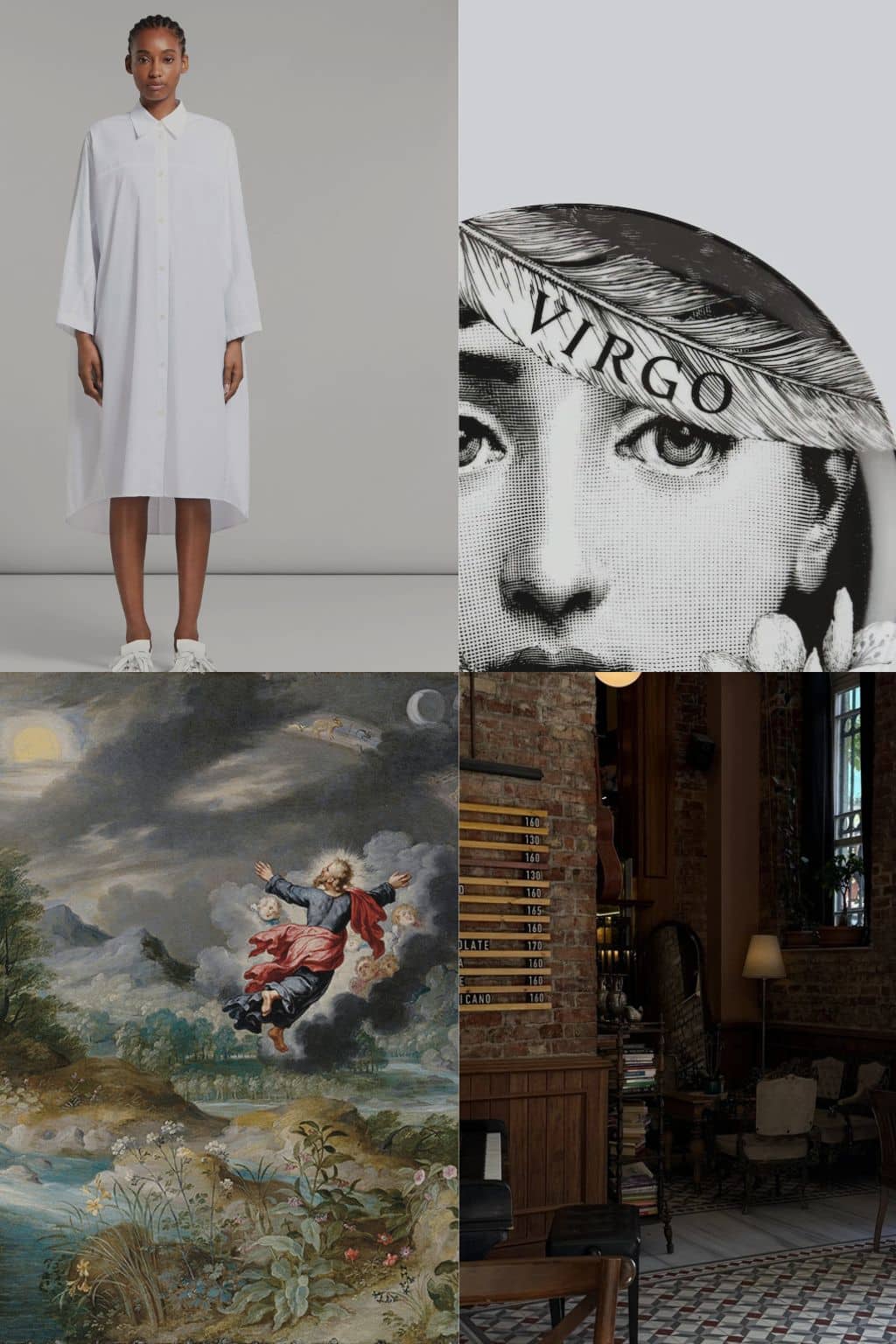 Virgo New Moon collage featuring a minimalist white dress, vintage Virgo illustration, classical celestial painting, and an intimate dark interior in earthy neutral tones.