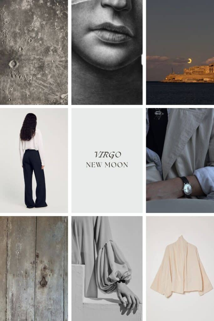 Virgo New Moon moodboard with lunar imagery, a black-and-white portrait, crescent Moon over a coastal city, minimalist fashion, vintage textures, and neutral earthy tones.