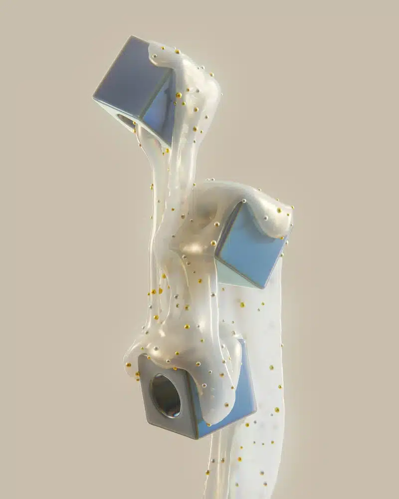 Virgo New Moon represented by a surreal abstract sculpture with glossy white flowing forms, geometric blue cubes, and tiny golden details against a soft beige background.