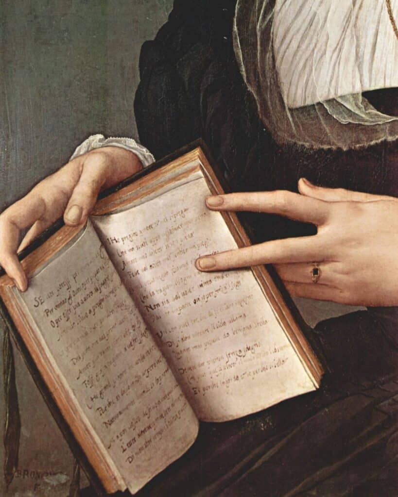 Virgo season depicted through a Renaissance woman holding an open handwritten book, symbolising study, observation, discernment, and Mercury’s connection to language.
