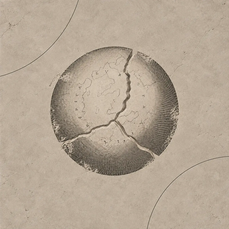 Antique engraved celestial sphere divided into three pieces on a smooth taupe background with curved astrological lines.