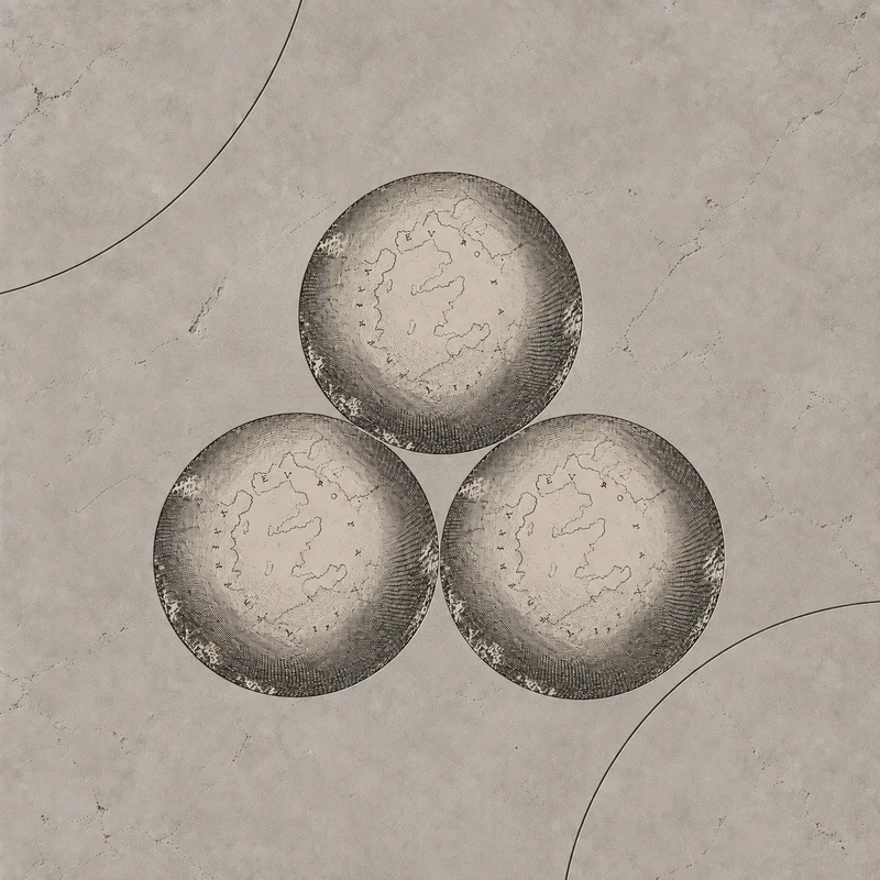 Three antique engraved celestial spheres grouped closely together on a cool grey taupe background with abstract curved lines.