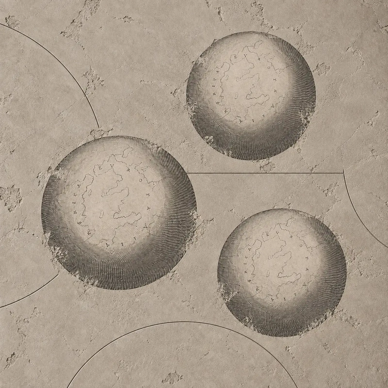 Three antique engraved celestial spheres scattered across a textured taupe background with abstract astrological lines.