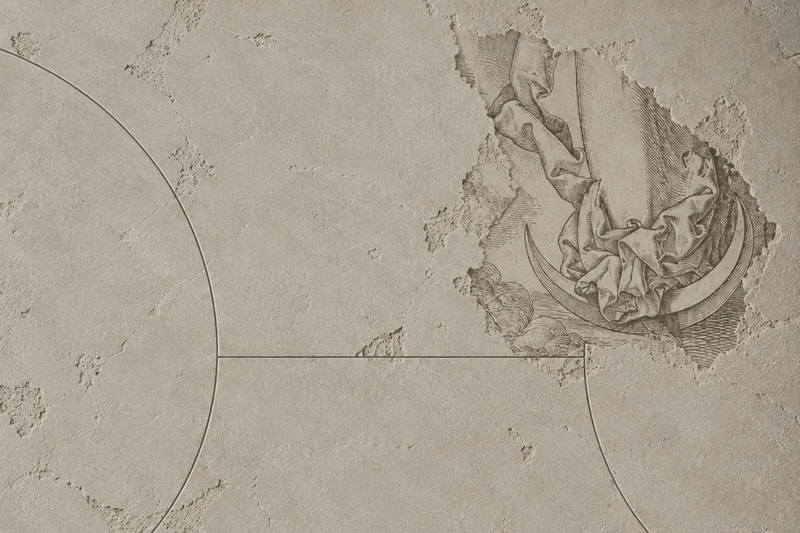 Abstract celestial collage for a personalised Big Three astrology reading, featuring a vintage illustration of the Moon emerging through textured ivory plaster and delicate curved lines, symbolising the Sun, Moon and Rising signs.