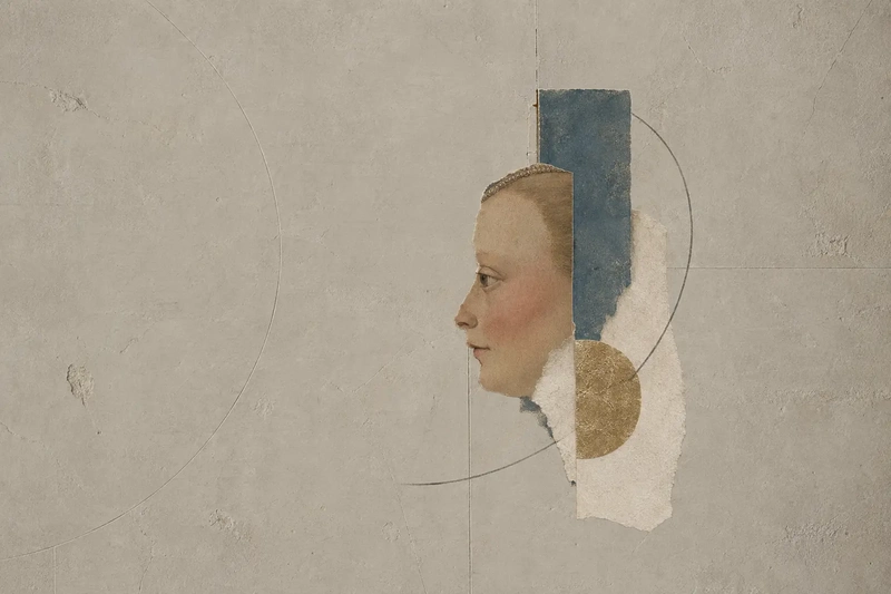 Abstract portrait collage with a Renaissance profile, geometric circles and gold accents on a textured ivory background, representing identity and self discovery through a personalised birth chart reading.