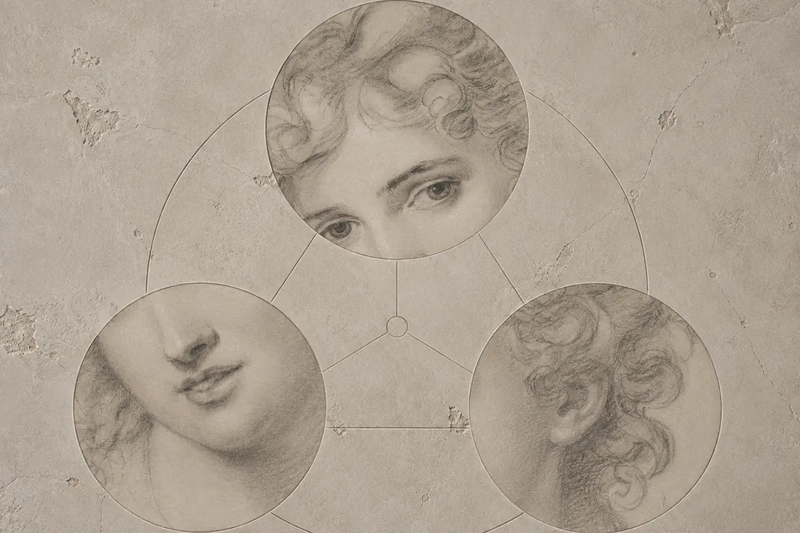 Vintage portrait fragments arranged within three interconnected circles on a textured ivory background, symbolising the different aspects of identity explored in a personalised birth chart reading.