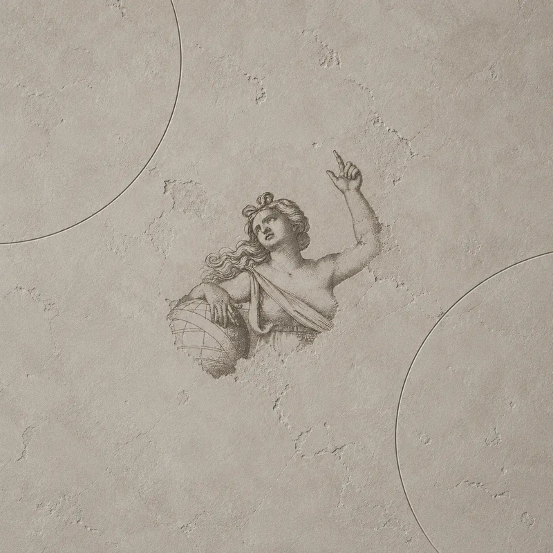 Astrology Reading One Question Antique engraving of a celestial woman holding a globe and pointing upward through cracked plaster for the Born Under Saturn Birth Chart Reading.