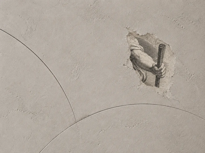 Vintage illustration of a hand holding a staff, emerging through textured ivory plaster and intersecting circular lines, symbolising personal direction and self discovery through a personalised birth chart reading.