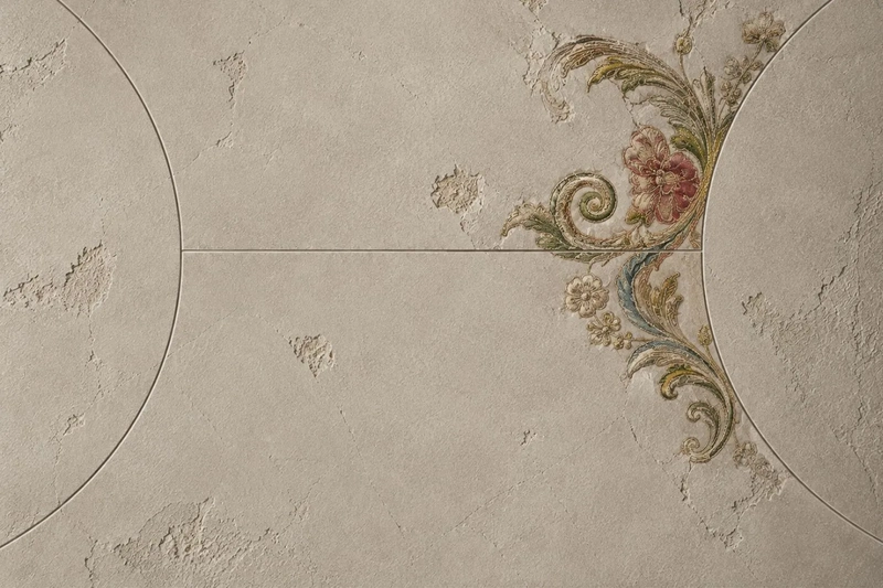 Delicate vintage floral embroidery with pink flowers and gold ornamental details emerging through textured ivory plaster, symbolising personal growth and self discovery through a personalised birth chart reading.