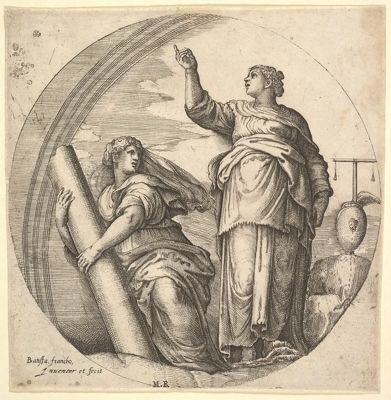 Libra Season depicted in an antique engraving of two allegorical female figures beside a set of scales, symbolising balance, justice, and equilibrium.