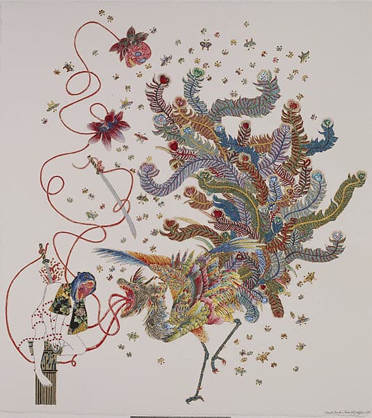 Libra Season meaning illustrated through a fantastical bird surrounded by intricate feathers, flowers, bees, and flowing red thread.