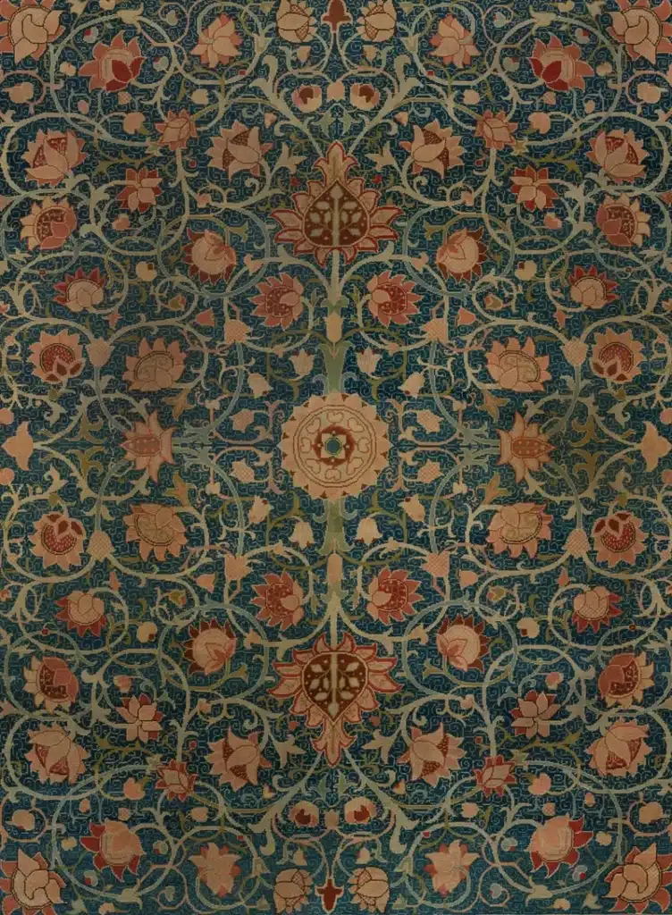 Mars enters Leo symbolism evoked through an ornate vintage floral pattern in deep blue, gold, and fiery red tones.