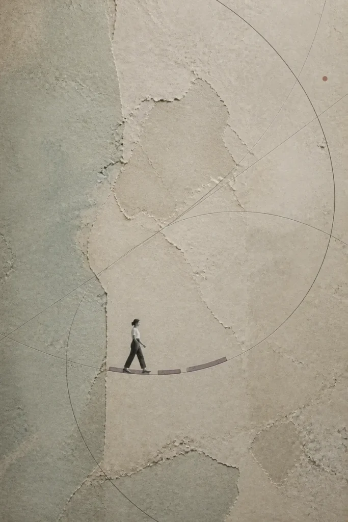A woman walking along a narrow curved path surrounded by celestial lines, symbolising guidance and direction through a one question astrology reading.