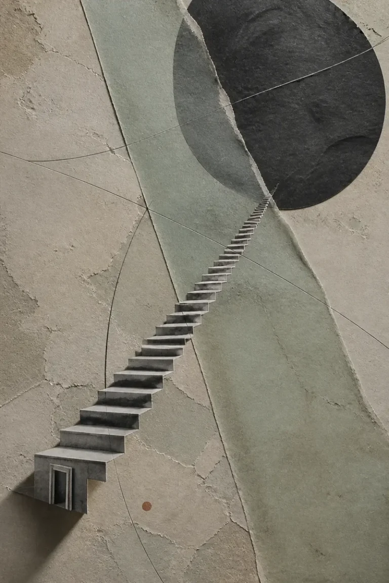 A surreal staircase rising towards a dark celestial circle, symbolising the path to clarity offered by a one question astrology reading.