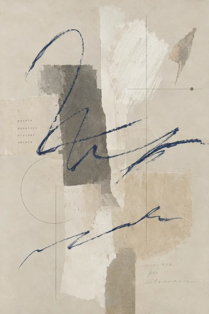 An abstract mixed media collage with handwritten blue lines and words, representing the reflective process of a personalised written astrology reading.