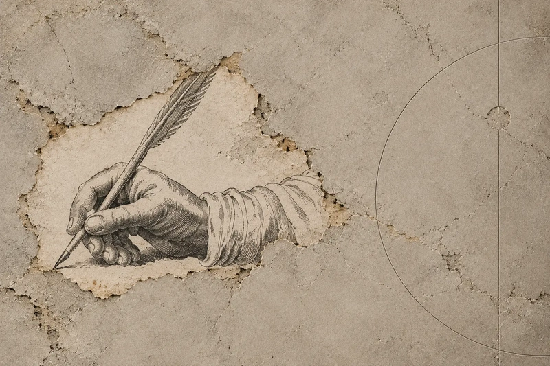 Antique engraving of a hand writing with a quill emerging through a textured neutral wall for the Born Under Saturn astrology reading.