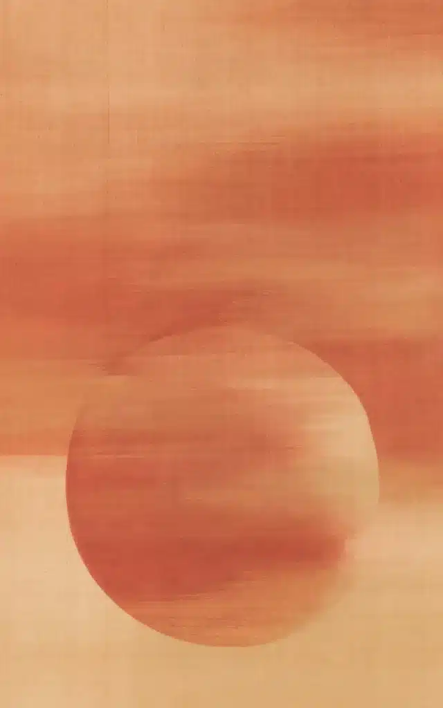 Venus in Scorpio represented by an abstract red planet emerging from a warm, atmospheric background.