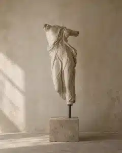 Full Moon in Taurus image with a classical headless statue on a stone pedestal against a warm wabi sabi wall, evoking grounding, stillness, beauty, and earthy stability.