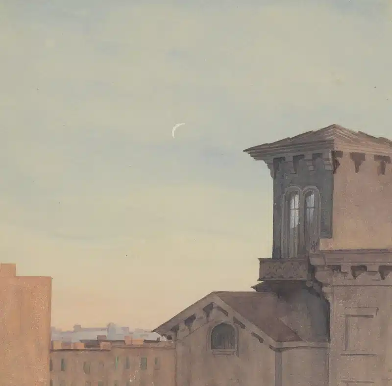 Full Moon in Taurus image with a pale moon above old architecture at dusk, evoking grounding, stillness, reflection, and the quiet tension between stability and transformation.