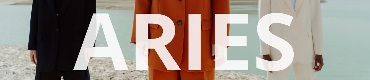 Aries horoscope banner. Three figures dressed in contrasting suits.