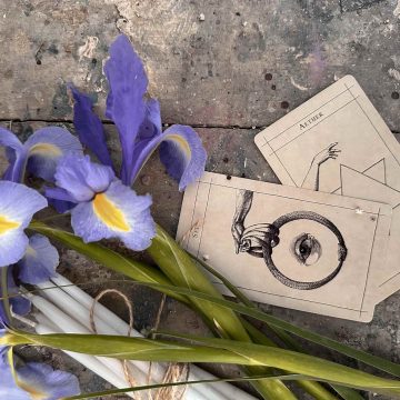 Cards from one of the best oracle deck arranged on a table alongside vibrant purple flowers.