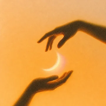 New Moon in Cancer meaning symbolized by a glowing crescent moon held between two silhouetted hands against a warm golden background, evoking emotional renewal, protection, and inner belonging.