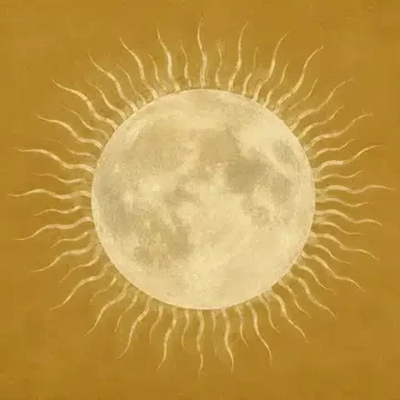 Solar eclipse in Leo 2026 illustration with a pale moon surrounded by soft wavy rays on a warm golden textured background.