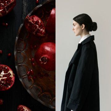 Taurus Full Moon 2025 — symbolic composition of pomegranates and a woman in black, evoking themes of grounding, sensuality, and introspection.