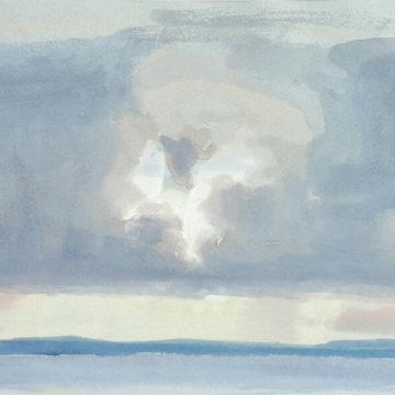 Uranus in Gemini illustrated through a soft watercolor of a cloudy sky above a calm horizon, evoking themes of transition and the subtle power of change.
