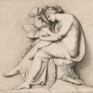 Classical engraving of Venus embracing Cupid, symbolizing harmony, beauty, and love — themes of Venus in Libra.