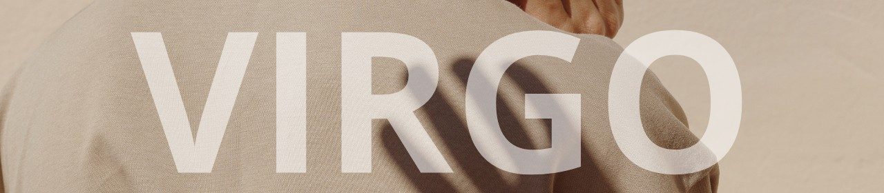 Virgo horoscope banner. Shadow of a hand on a beige shirt in sunlight.